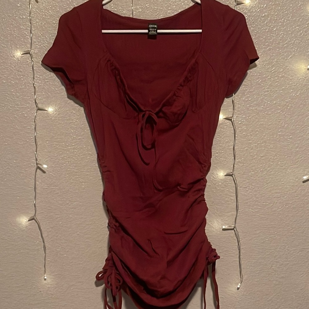 Maroon Ruched drawstring side bodycon dress